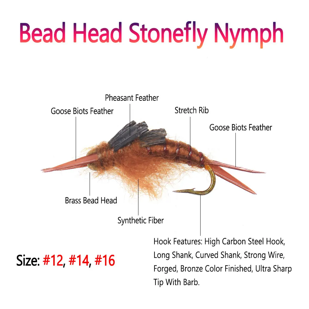 Bimoo-Señuelos de Pesca de latón Stonefly Nymph, Color marrón para trucha, lubina, Bluegill, perca, cabeza de acero, 6 uds., n. ° 12, N. ° 14, N. ° 16 - imagen 2