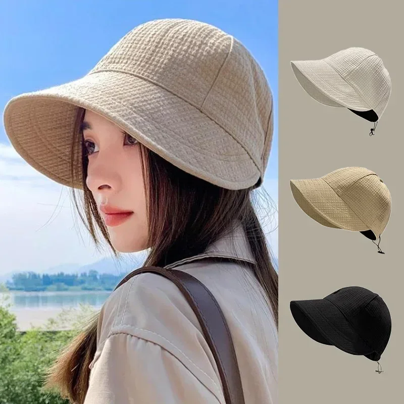 Sombrero para el sol de verano de Color sólido, sombrero de cubo de ala ancha plegable, gorras panamá ajustables para playa al aire libre, gorra de pescador con cola de caballo para mujer - imagen 3