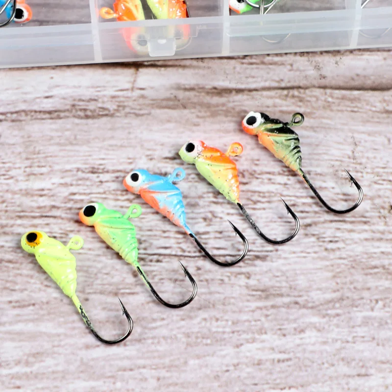 50 unids/lote anzuelos de Metal 2,7 cm 1,7g Color 3D ojo bola Jigging cabeza gancho con púas vástago de manivela para señuelo suave anzuelo de pesca de gusano - imagen 3