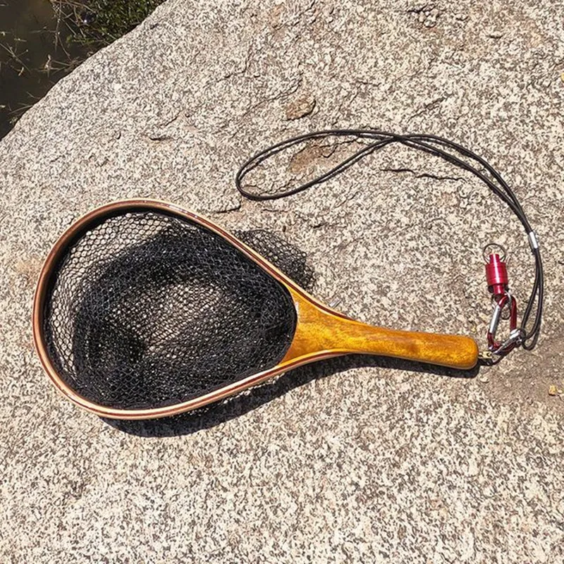 Red de mano de pesca con mosca de madera de alcanfor dorado, red de transmisión de pesca con mosca, Red de señuelos, herramientas de pesca al aire libre, herramientas de red de pesca portátiles - imagen 4