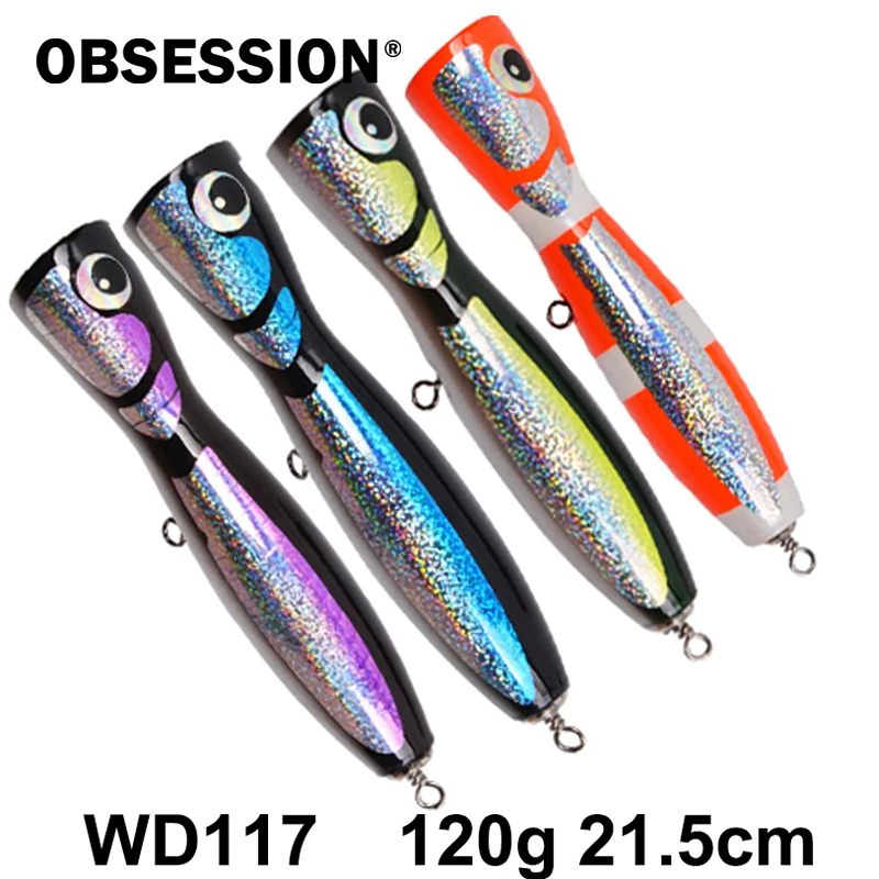 OBSESSION WD117 120g Topwater cebo Popper de madera superficie Popping señuelo de mar profundo barco pesca madera Popper Trolling señuelos