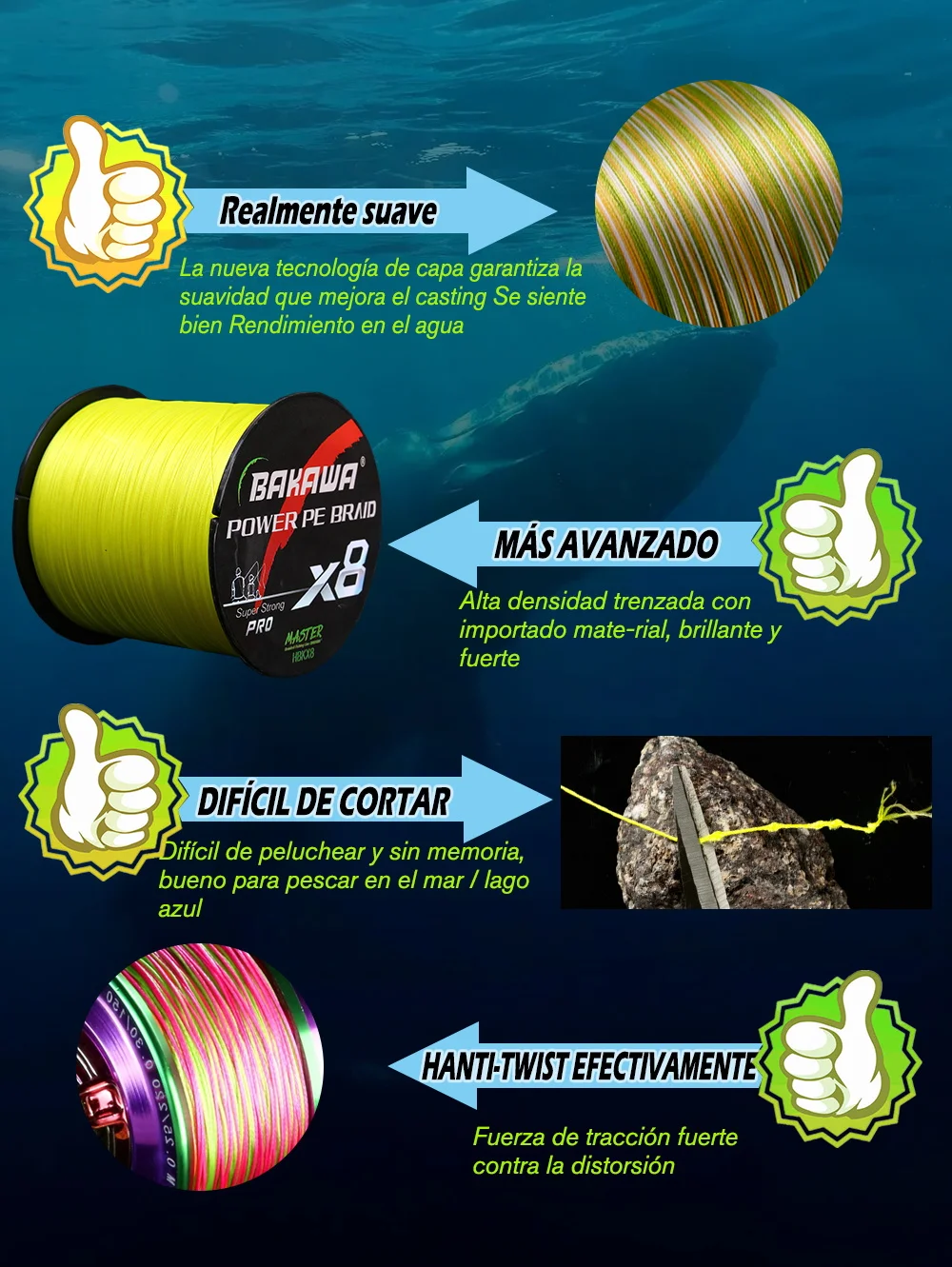 Línea de pesca trenzada BAKAWA X8 PE 8, 300M/500M, línea trenzada japonesa multifilamento súper fuerte de 20LB-90LB para trucha de carpa marina - imagen 5