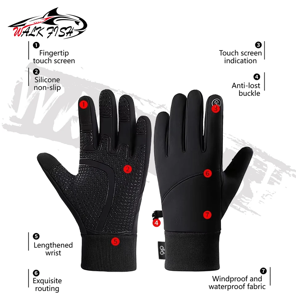 WALK FISH-guantes de pesca para invierno, conducción al aire libre, deportes de bicicleta, antideslizantes, cuero de microfibra, pantalla táctil, esquí grueso, ciclismo, cálido - imagen 3