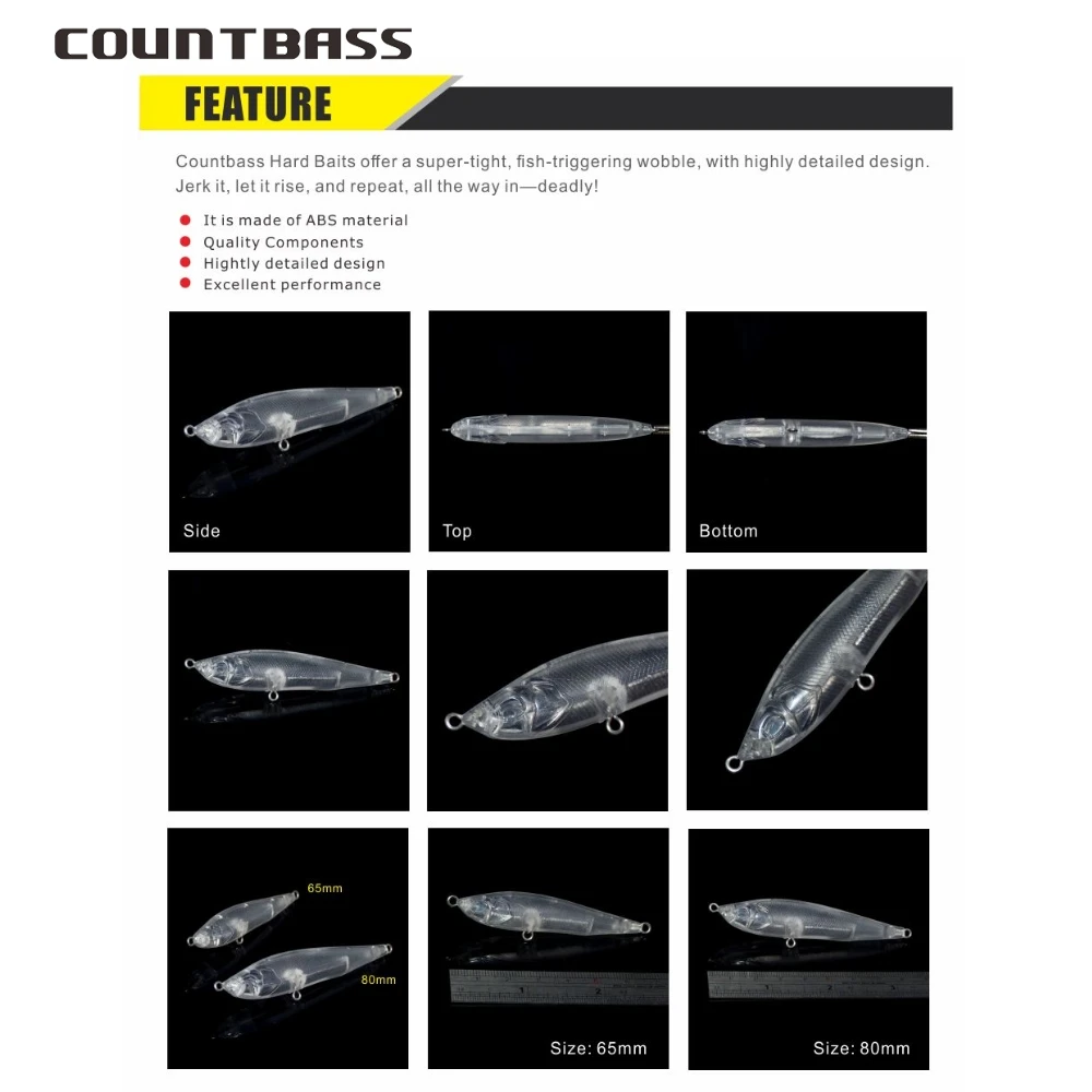 Countbass-Señuelos duros en blanco, 10 Uds., 65mm/2,6 ", 9,4g/0,33oz, 80mm/3,2 "13g/0,47oz, peso fijo, hundimiento, lápiz de pesca sin pintar - imagen 4