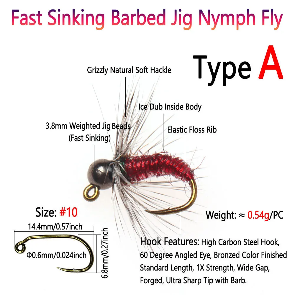 Bimoo 3/6PCS # 10 plantilla de púas Ninfa Fly Grizzly Hackle hundimiento rápido húmedo Euro Perdigon Ninfa mosca trucha Grayling Señuelos de pesca cebos - imagen 5