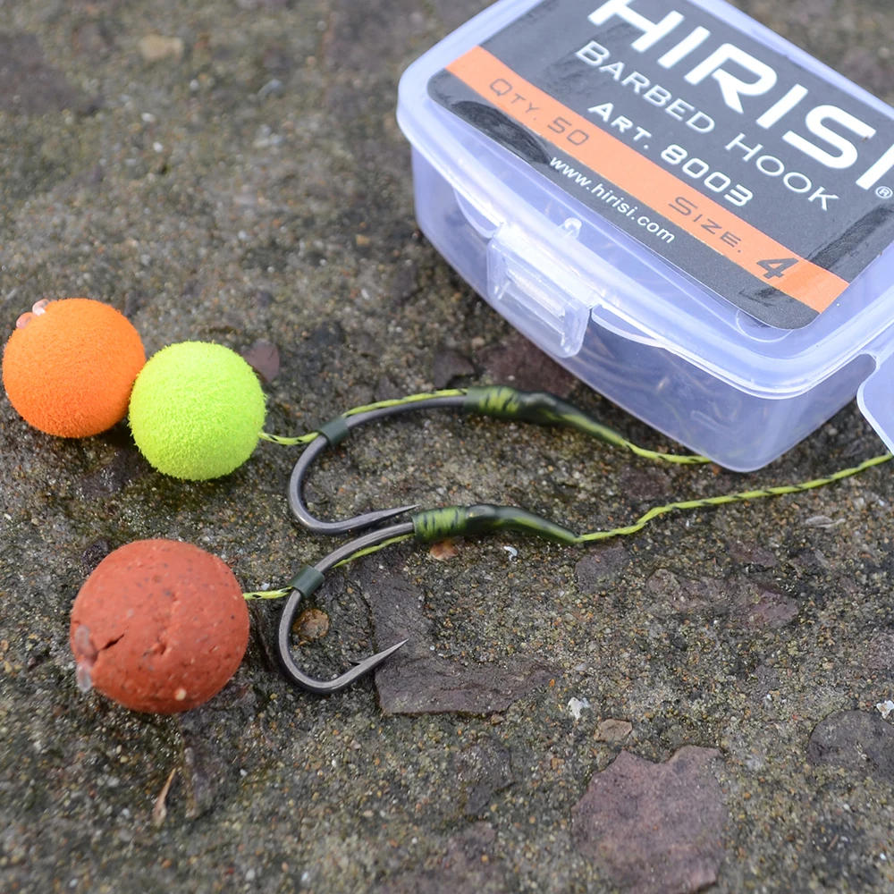 Hirisi Anzuelos de pesca de carpa con recubrimiento de 50 piezas, paquete de anzuelos de pesca de carpa con púas de acero inoxidable de alto carbono con caja Original al por menor 8003 - imagen 5