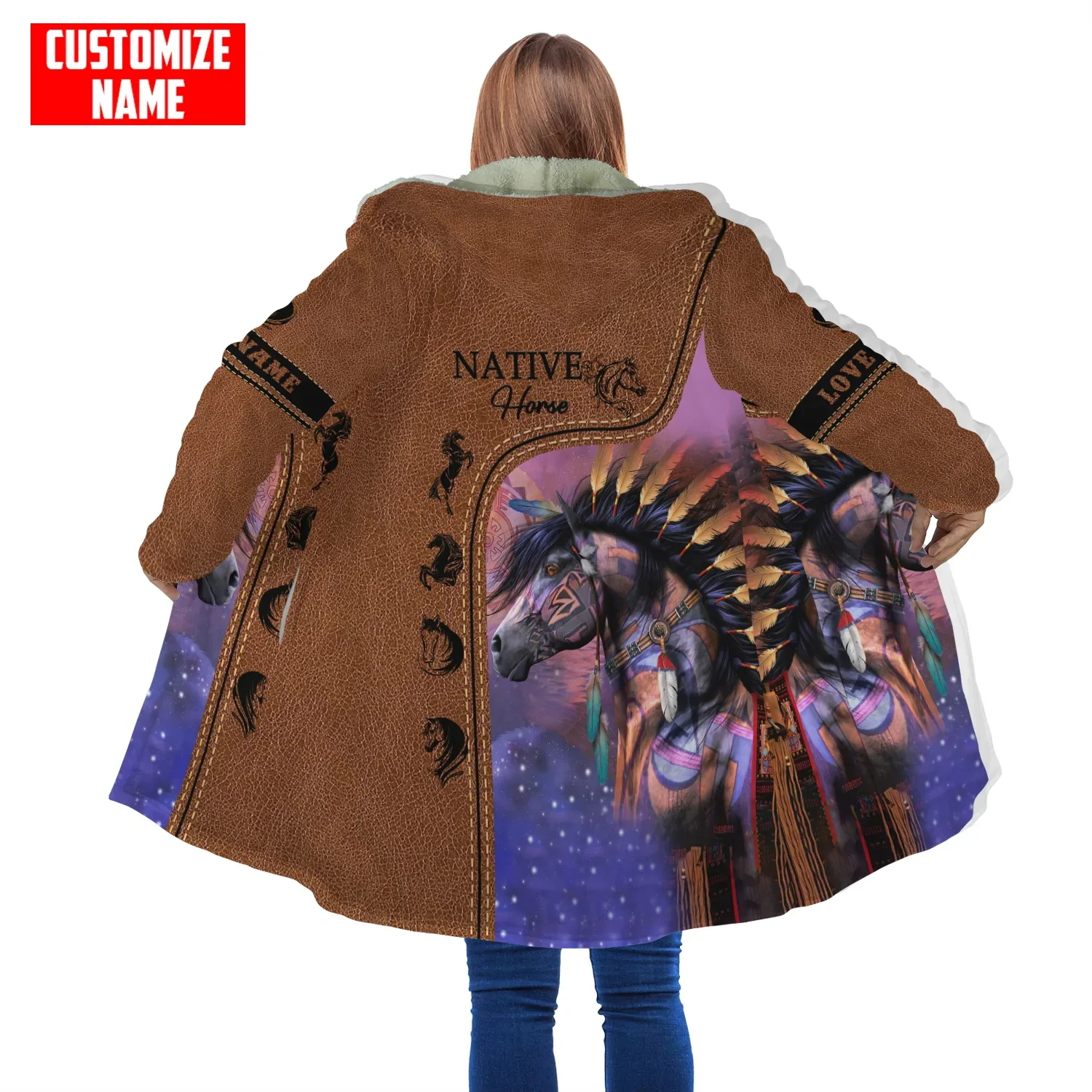 Capa de invierno a la moda para hombre, capa con capucha de lana gruesa con estampado 3D de caballo nativo indígena aborigen, capa cálida informal Unisex DP29 - imagen 4