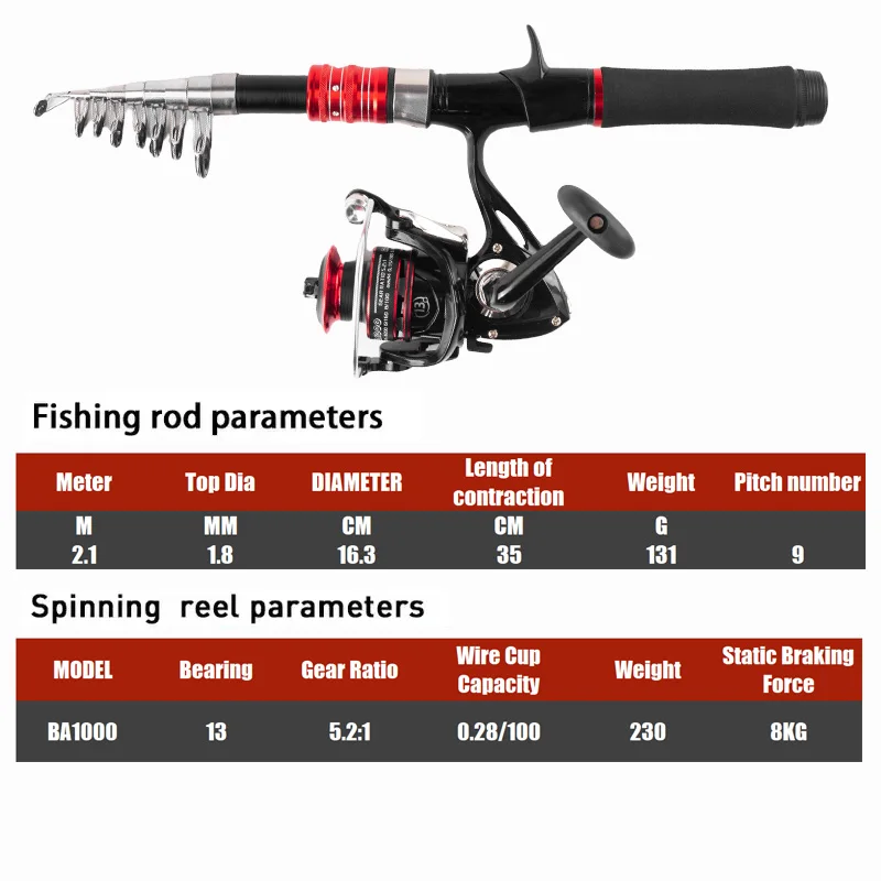 Fishing Rod Reel Combo Kit - Rod & Reel Combos with 2.1m Adjustable Fishing Pole, Spinning Reel, Fishing Line, Artificial Bioni - imagen 2