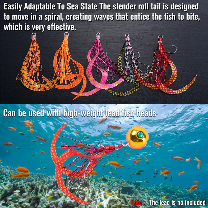 Goture 5/10 Uds faldas de goma de silicona para pesca en agua salada 13 #   Cebo con 3 anzuelos asistidos para accesorios de pesca con señuelo Jig, 5 colores - imagen 5