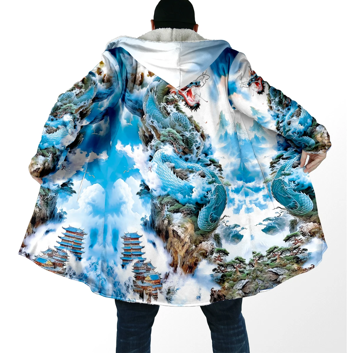 2025 capa de moda de invierno para hombre, capa con capucha de lana gruesa con estampado 3D de dragón Animal, capa cálida informal Unisex DP93 - imagen 5