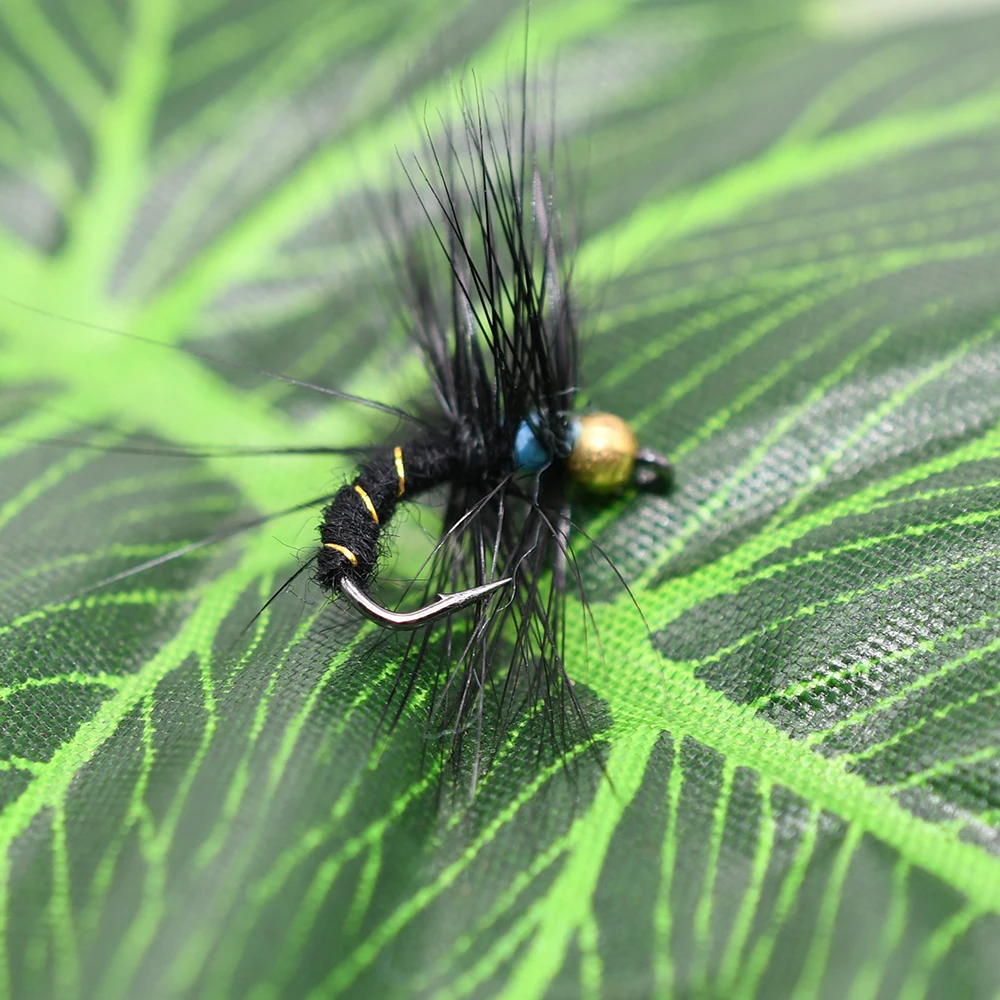 MNFT 10 piezas #10, cabeza de abalorio dorado, circo Caddis, azul y negro, pesca, ninfa, moscas, trucha, Mosca de pescado - imagen 5