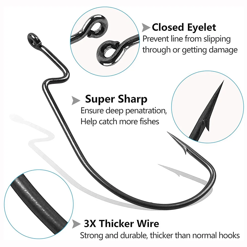 Anzuelos de pesca de gusano de gran espacio, manivela de lubina grande, manivela de acero de alto carbono negro, anzuelo de púas de carpa para señuelo suave, 50 unids/lote por caja - imagen 3