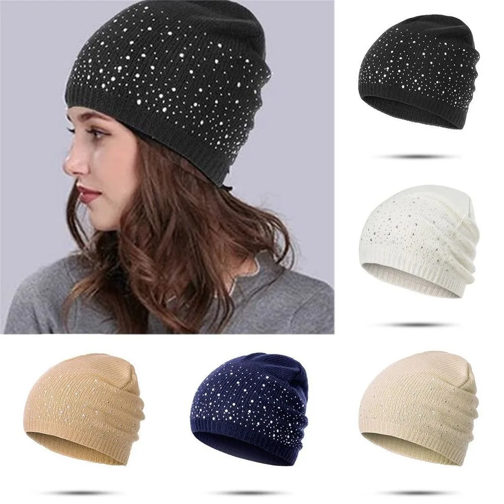 Gorro de punto informal, elegante y brillante para mujer, gorro de punto cálido de algodón, gorros con decoración de diamantes de imitación suaves, gorro Unisex - imagen 4