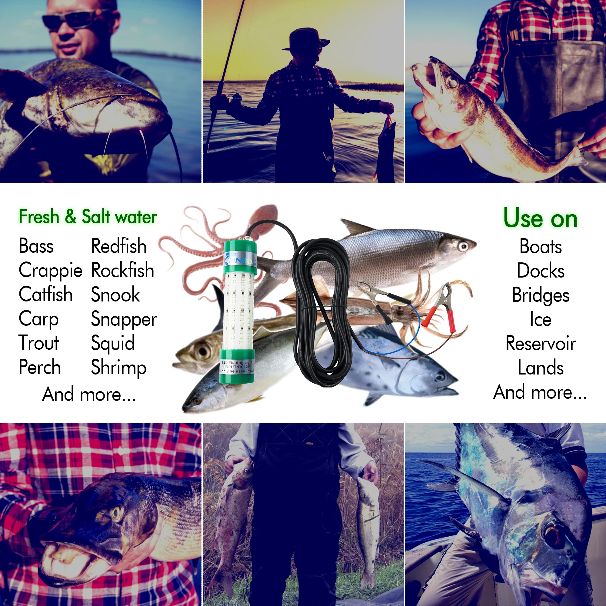 Pinboer-luz de pesca sumergible, 100W, DC12V, 10000LM, verde, blanco, bajo el agua, LED de alta potencia, señuelo, cebo y lámpara buscador, atractivo - imagen 5