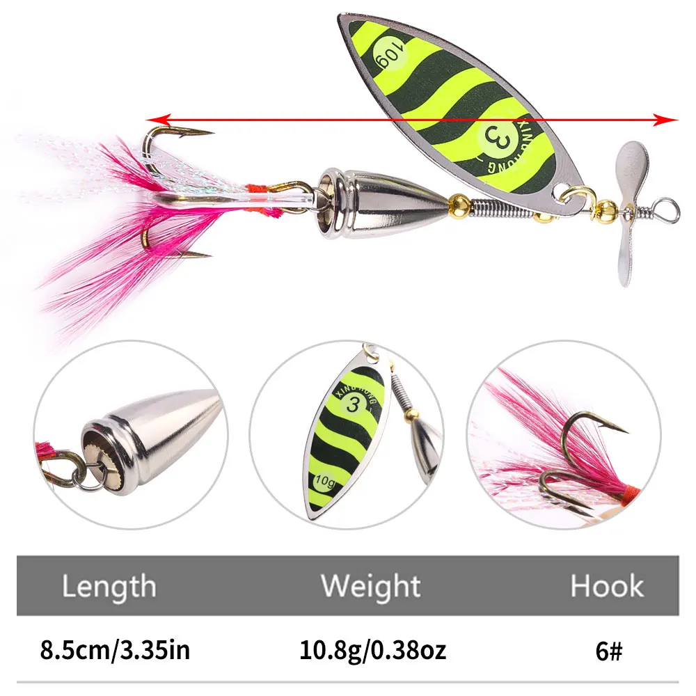 1 ud./5 uds cebo giratorio 10,8g señuelos de cuchara dura señuelo de pesca de Metal con anzuelos triples de plumas para Lucio Muskie Walleye Zander pesca - imagen 2