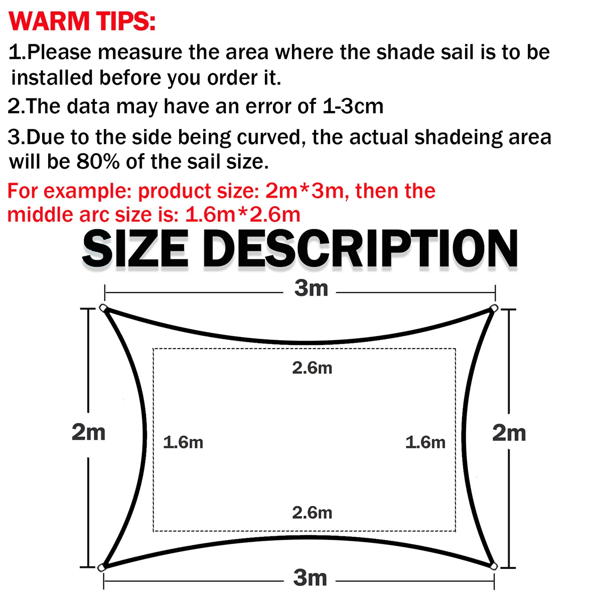Un diagrama con medidas para una vela de sombra, que es un tipo de estructura de sombra para exteriores. El diagrama está etiquetado con CONSEJOS CÁLIDOS e incluye tres puntos de consejo:

1. Mida el área donde se instalará el toldo antes de realizar el pedido.
2