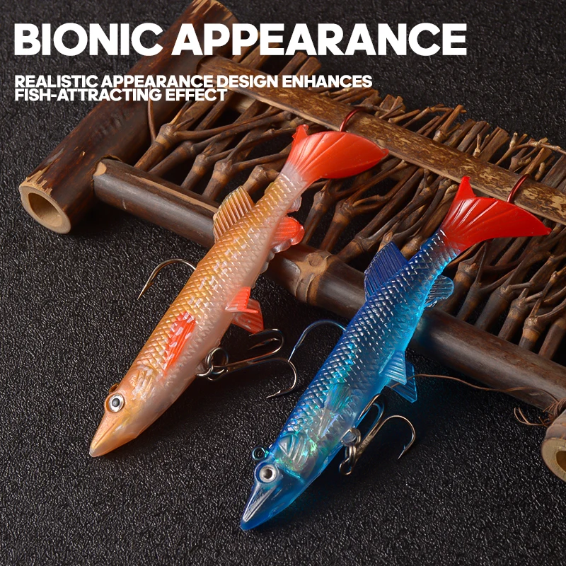 TAIYU-Kit de Señuelos de Pesca blandos, 5 uds., 9cm, 14g, cabeza de plantilla Artificial, señuelo suave de silicona, cebo biónico para pesca de trucha y Lucio con 2 ganchos - imagen 4