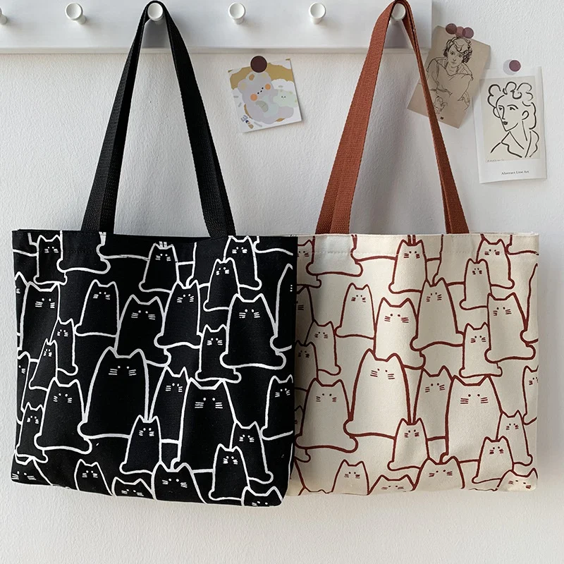 Bolsos de lona, bolso de mano para mujer, bolso de mano con bonito gato y cremallera, bolso de diseñador, hombro pequeño de dibujos animados de estilo japonés - imagen 2