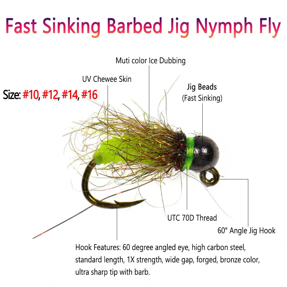 Bimoo 6PCS # 12 # 14 # 16 Jig de púas de hundimiento rápido, mosca de ninfa fluorescente húmeda, mosca de ninfa europea para trucha, perca, Panfish, Señuelos de Pesca - imagen 3