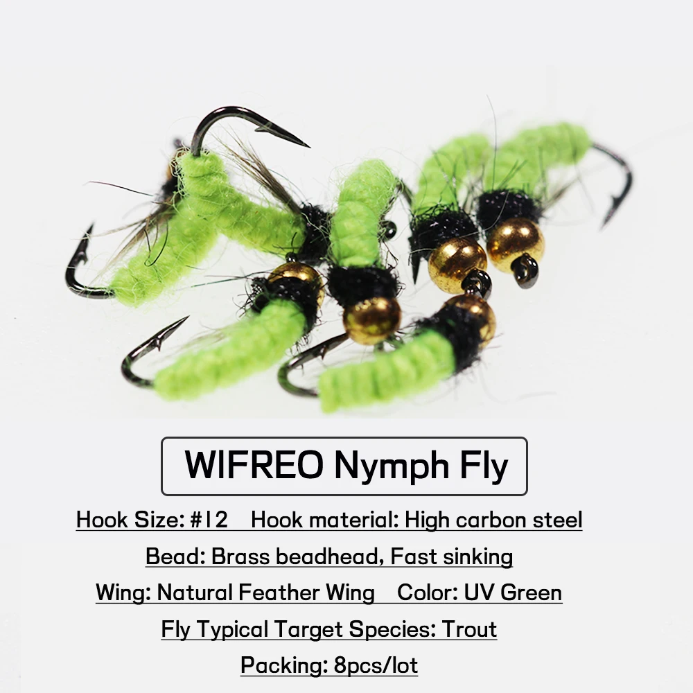 Señuelo de pesca con cuentas de latón, 8 uds, moscas húmedas UV fluorescentes, ninfa, Scud, gusano, Mosca, trucha, gris, hundimiento rápido - imagen 3