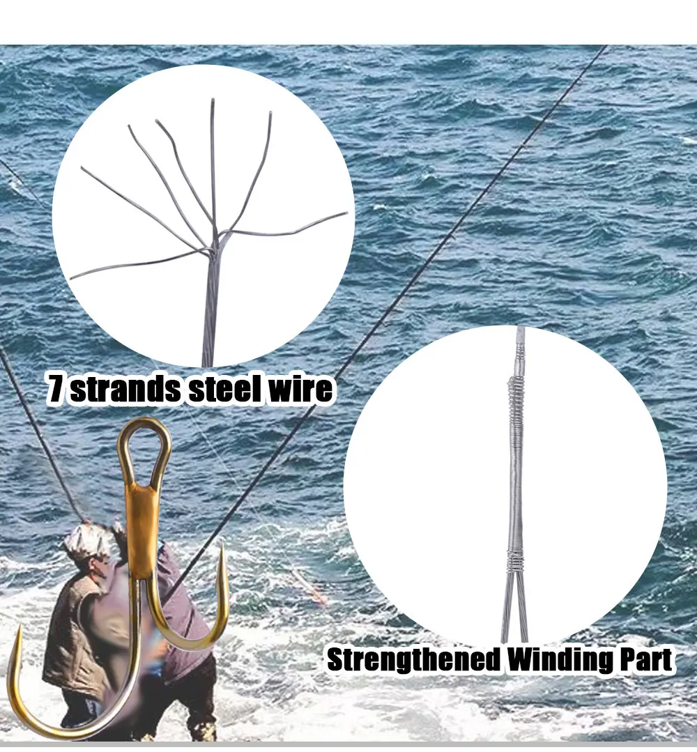 El cable de acero de 7 hilos y la parte de devanado fortalecida aseguran la durabilidad y la resistencia para sus necesidades de pesca
