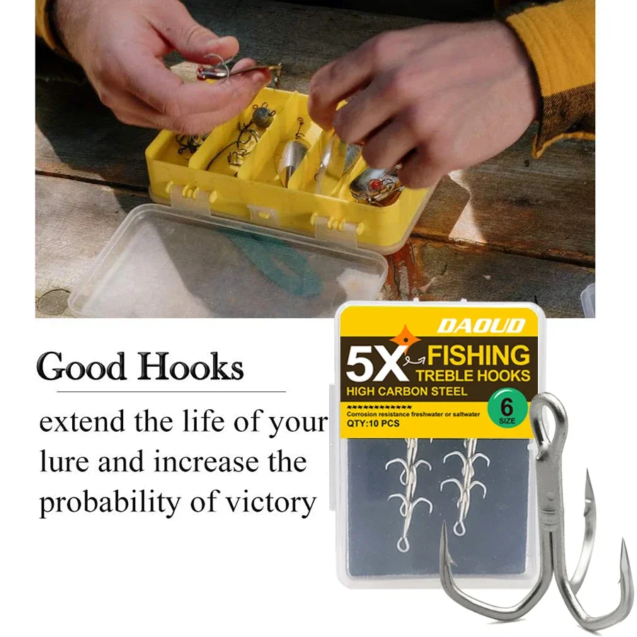Kit de 5 anzuelos triples, 10 Uds., juego de anzuelos de pesca triples afilados, acero rico en carbono, anzuelo de pesca Triple clásico con curva redonda para bagre - imagen 5