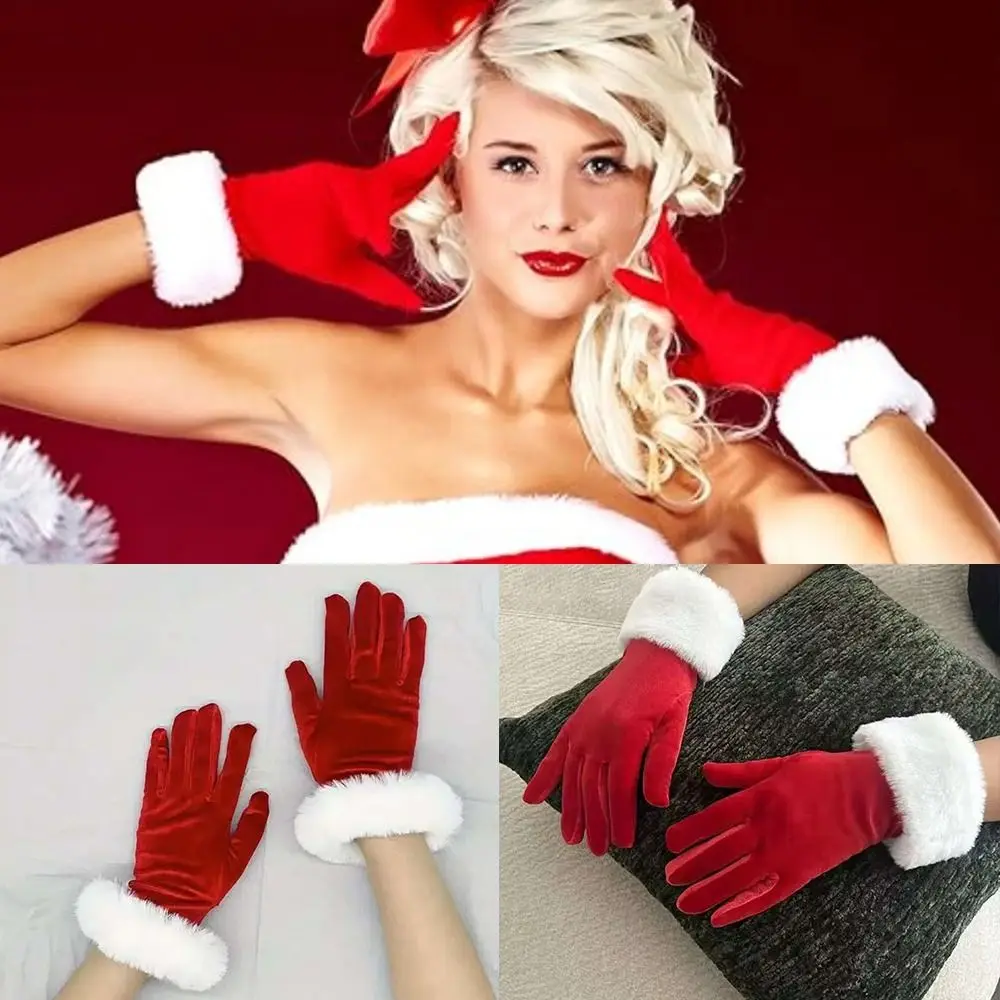 Moda con adorno de piel sintética guantes rojos navideños guantes cortos suaves para vacaciones guantes de terciopelo hombres mujeres