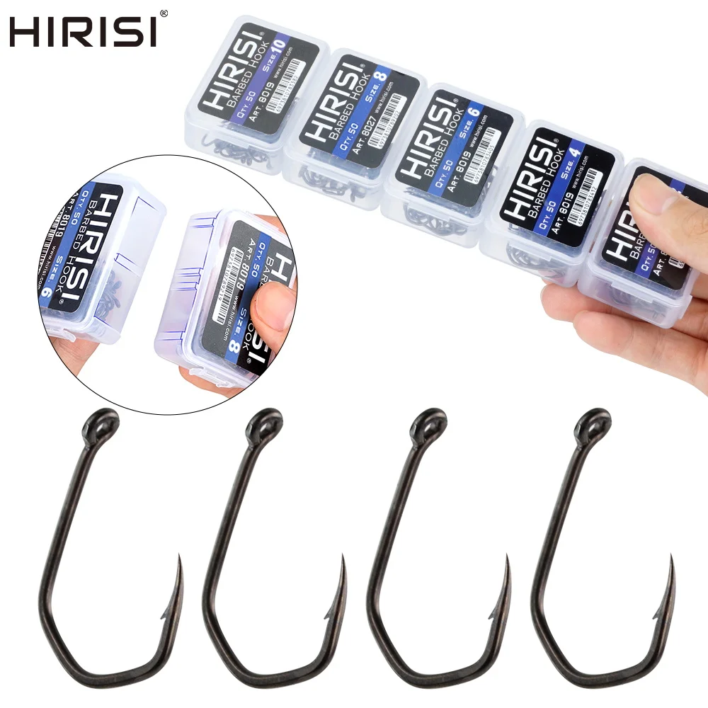 Hirisi 50 Uds anzuelos de pesca de carpa anzuelos de garra con púas revestimiento de PTFE anzuelos de ojos de acero inoxidable de alto carbono 8019