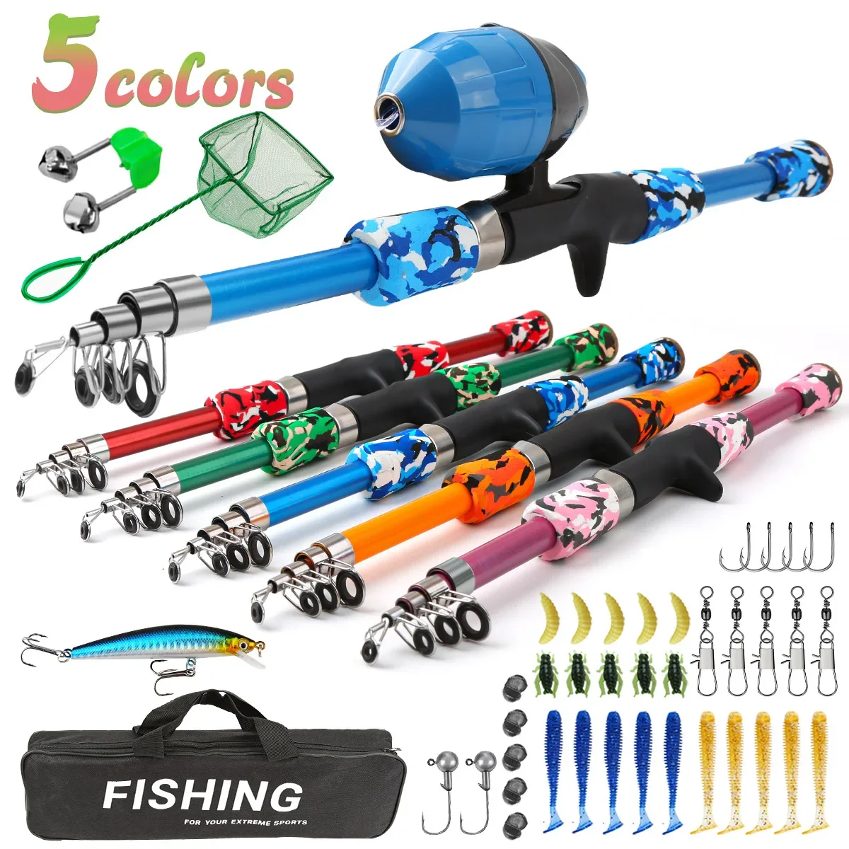 Combo de caña de pescar y carrete para niños de 1,5 M, Kit completo de caña de pescar telescópica con carrete Spincast para niños y niñas - imagen 2