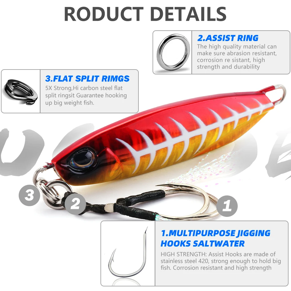 MOOKZZ-señuelo de Pesca de Mar, cebo biónico Artificial duro, Jinging lento de Metal, 20g, 30g, 40g, 60g, 80g, nuevo - imagen 5