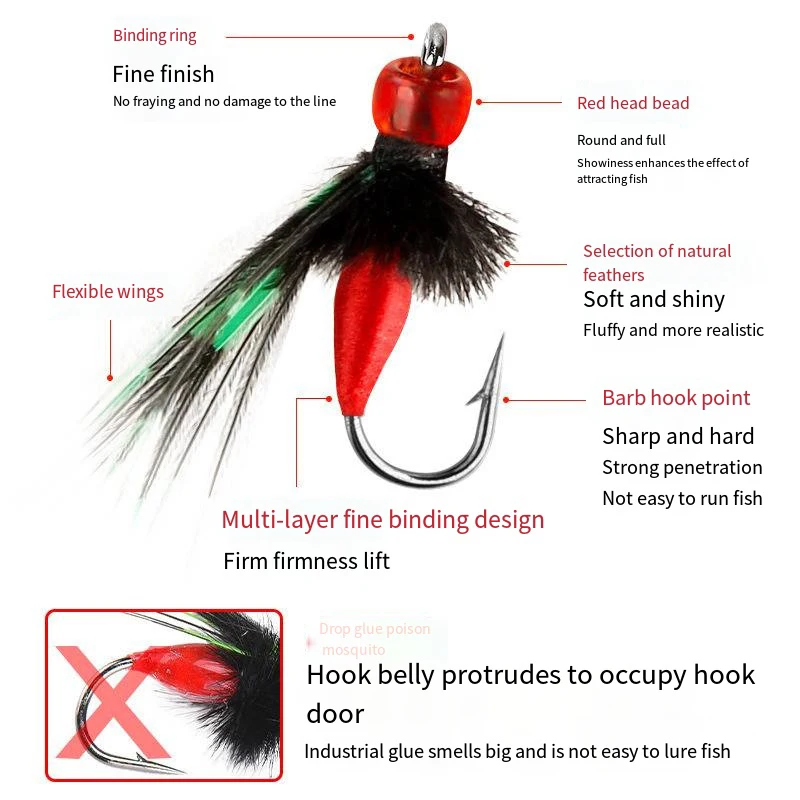 Mosquitos artificiales luminosos por la noche, pesca con mosca, anzuelo, señuelo realista para insectos, cebo para pesca de trucha, moscas duraderas