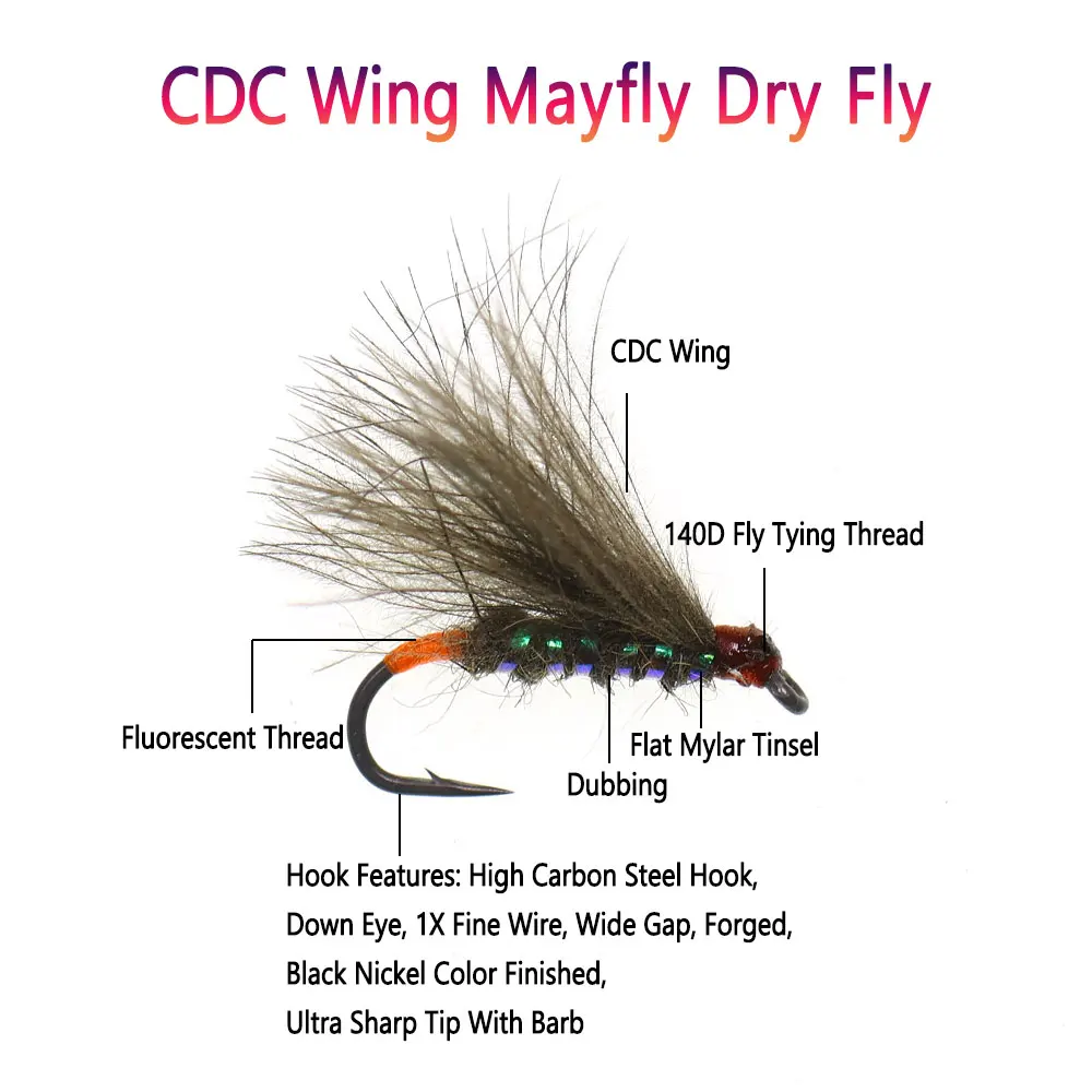 Bimoo 8PCS # 16 púas CDC ala mayfly mosca seca fluriscente flotante Emerger mosca seca trucha Grayling Panfish mosca Señuelos de pesca cebos - imagen 3