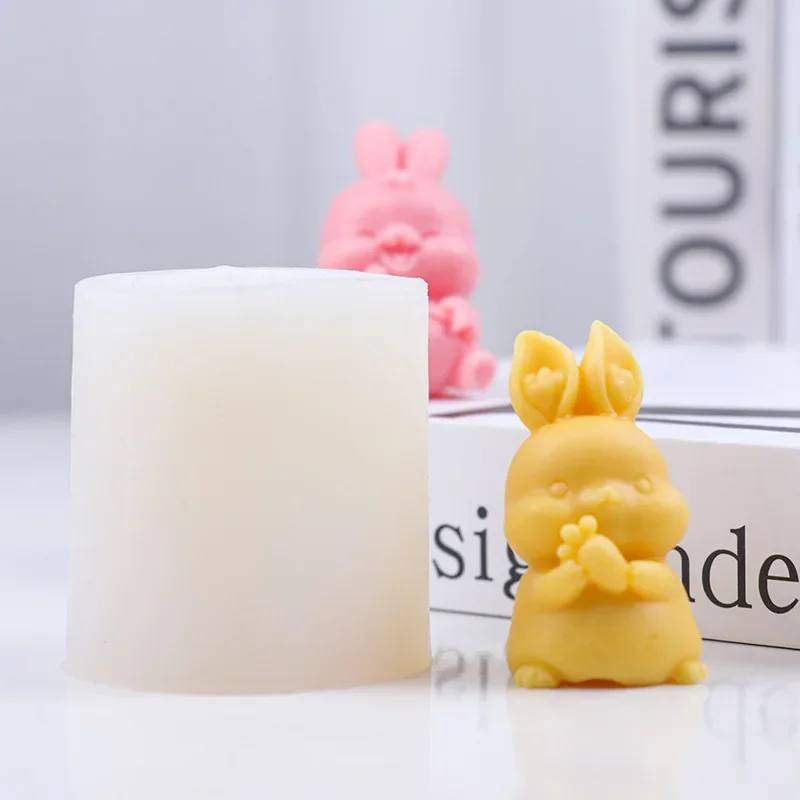 Molde de vela de silicona con conejo pequeño de rábano de dibujos animados, pintura de conejito feliz de zanahoria, molde de yeso, decoración de pastel de Chocolate de Pascua, regalo de fiesta - imagen 3
