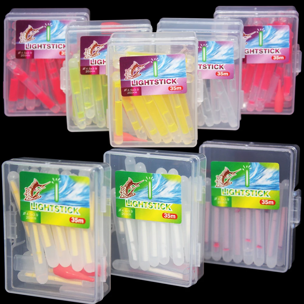 20 unids/bolsa 4,5*40mm luciérnagas en caja para luces flotantes de Pesca barra que brilla en la oscuridad barra luminosa fluorescente luz flotador nocturno caña Pesca - imagen 2