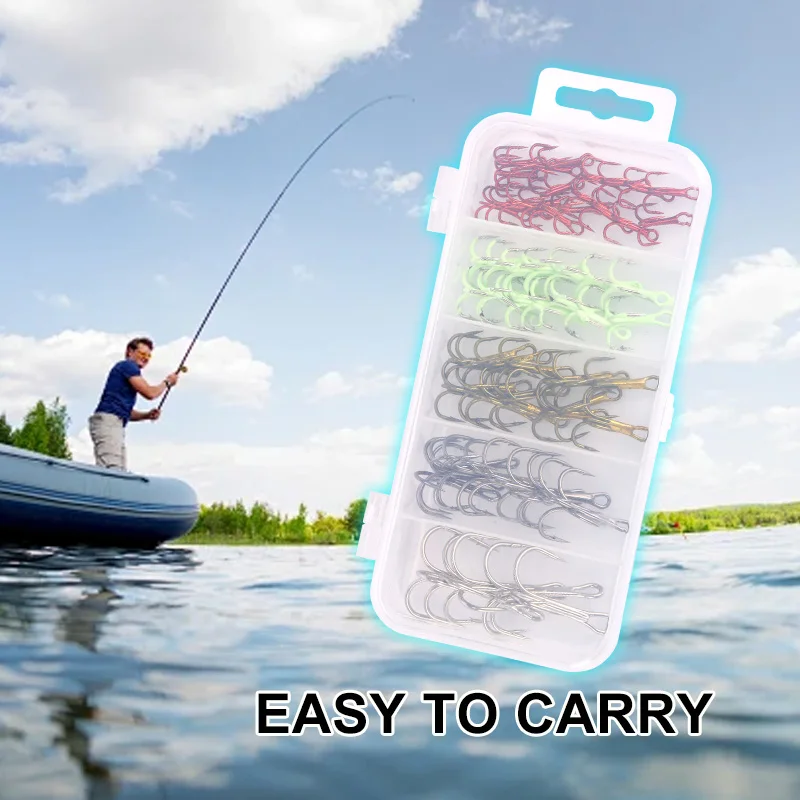 WEIHE 65PCS 5 colores 2 #   4 #   6 #   8 #   10 #   Kit de anzuelos triples de acero rico en carbono, anzuelos de pesca combinados, anzuelos triples de pesca - imagen 3