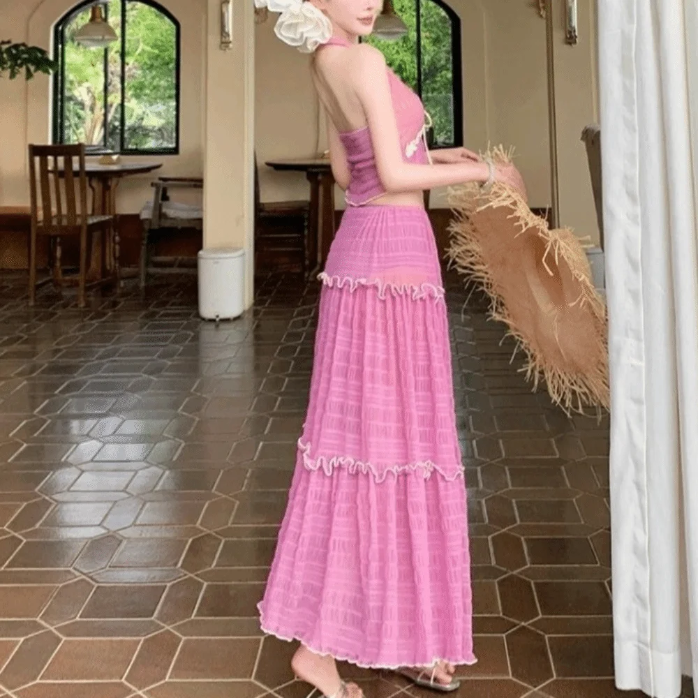 Bikini Halter traje de baño falda conjunto camisola colgante cuello en V falda larga traje de baño ropa de playa con volantes - imagen 2