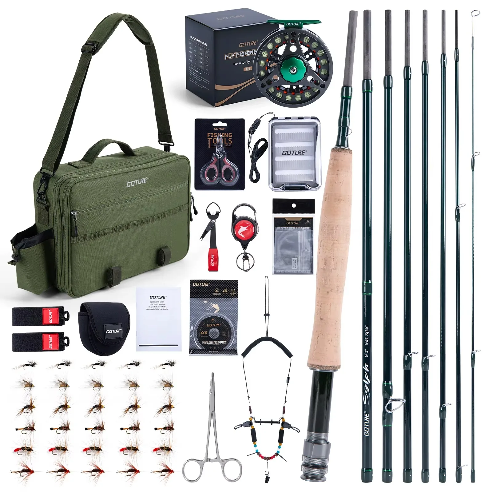 GOTURE Kit completo de equipo de pesca con mosca, caña de carbono profesional + carrete + aparejos completos + bolsa portátil, ligero, fácil de llevar - imagen 2