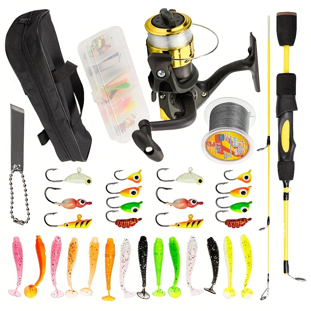 Juego de postes de viaje, sedal, caña de pescar en hielo, carrete, señuelo, azul/rojo/púrpura/amarillo, caña de pescar en hielo para invierno, Mini poste - imagen 2