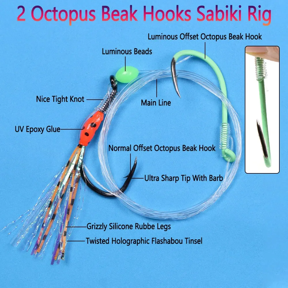 Bimoo pesca en agua salada 2 anzuelos de pico de pulpo aparejo Sabiki anzuelo de pulpo compensado luminoso para atún pargo lubina cebos de pesca de salmón - imagen 2