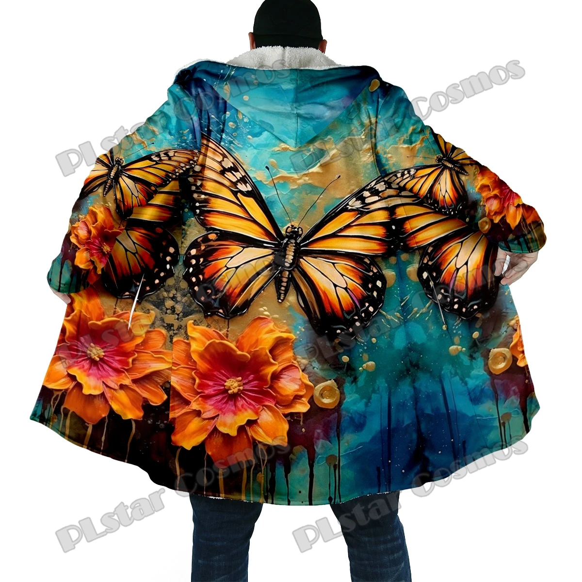 Capa con capucha de lana gruesa estampada en 3D para hombre, abrigo cálido informal Unisex, mariposa y flores, moda de invierno, DP42 - imagen 2