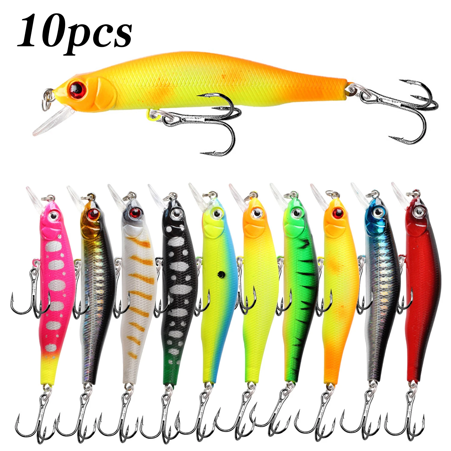 10 Uds. Señuelos de pesca de tiro largo Minnow manivela Wobbler aparejos de pesca ganchos cebo duro accesorio de pesca