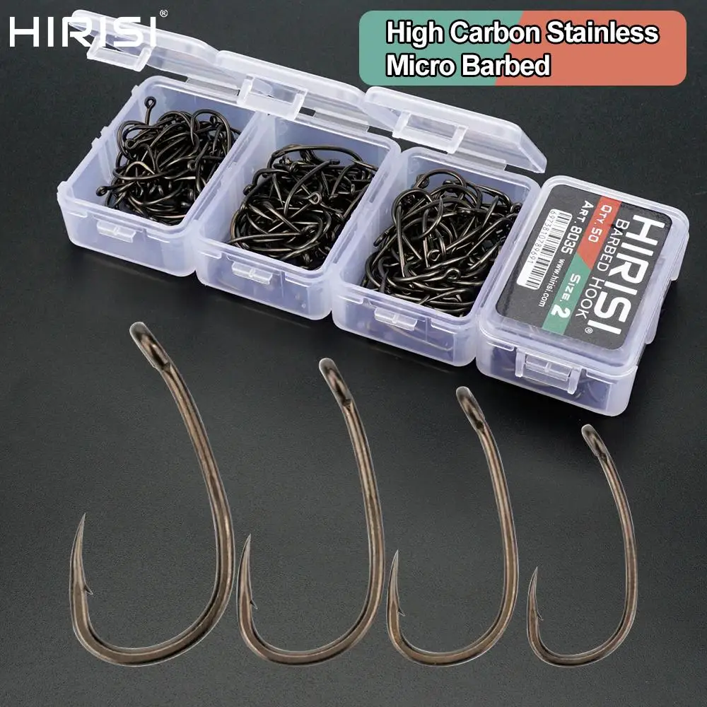 Hirisi 50 Uds. Anzuelo de pesca Micro púas de acero inoxidable con revestimiento de PTFE con ojo y caja empalmable 8035 herramienta de pesca