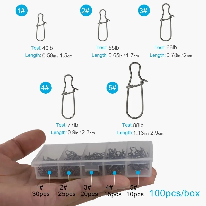 Ackibbik-broches de pesca de 100 piezas, cierres de bloqueo dúo, Clips de pesca giratorios para agua salada, broches de cambio rápido, Conector de señuelos de aparejos - imagen 2