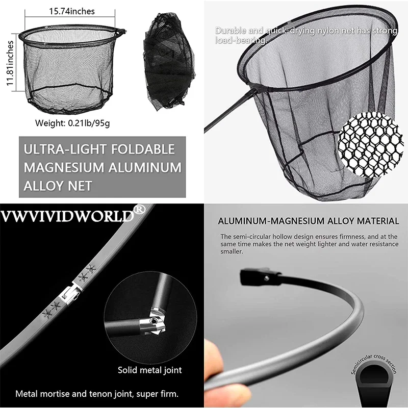 VWVIVIDWORLD-red de pesca portátil de carbono, caña telescópica plegable, de mano, 1,8-3,45 m - imagen 5