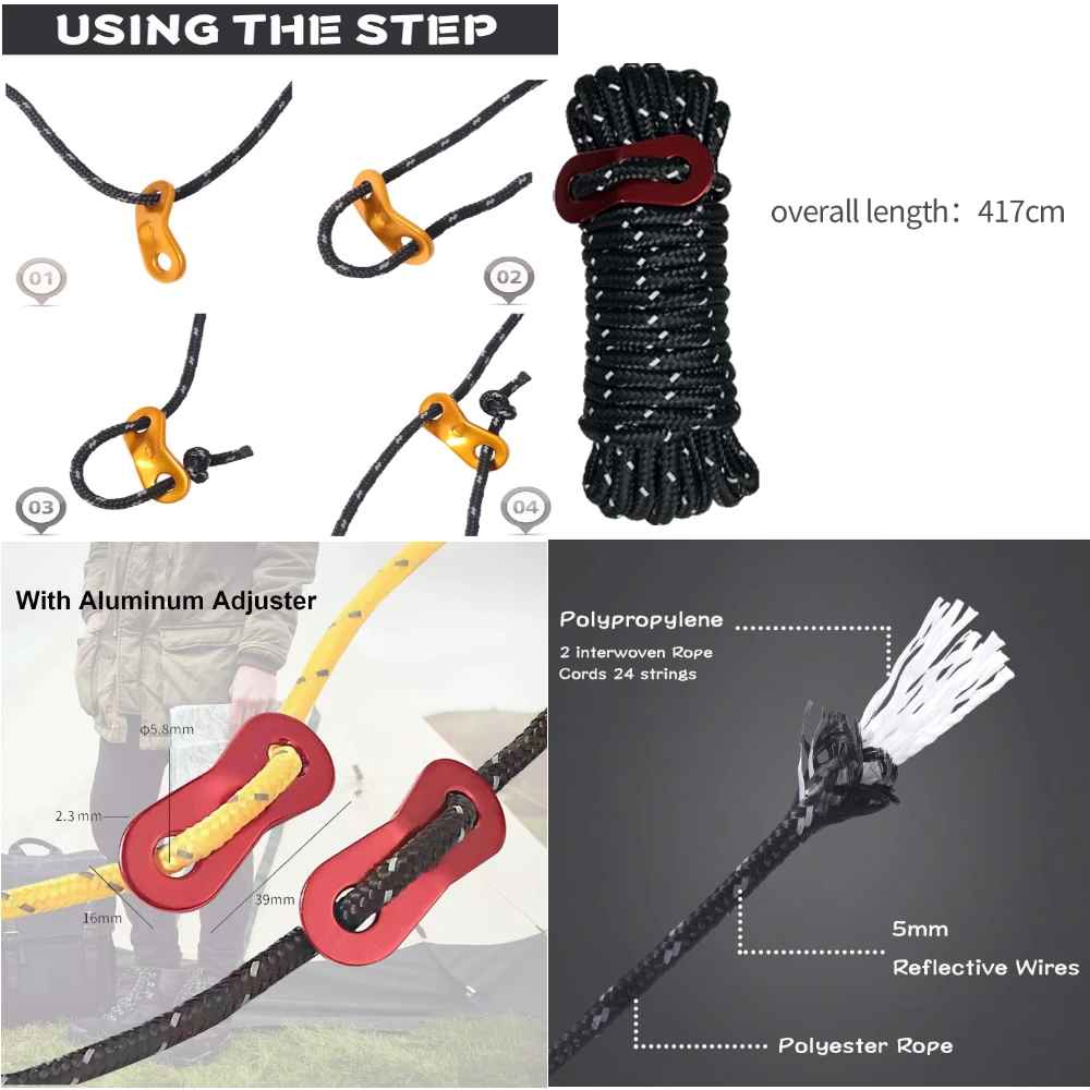 Cuerda a prueba de viento de 4mm y clavos para el suelo, cuerdas para tienda de campaña para exteriores, cuerda para acampar para tienda de senderismo, lona, dosel, accesorios, 2/4 Uds. - imagen 3
