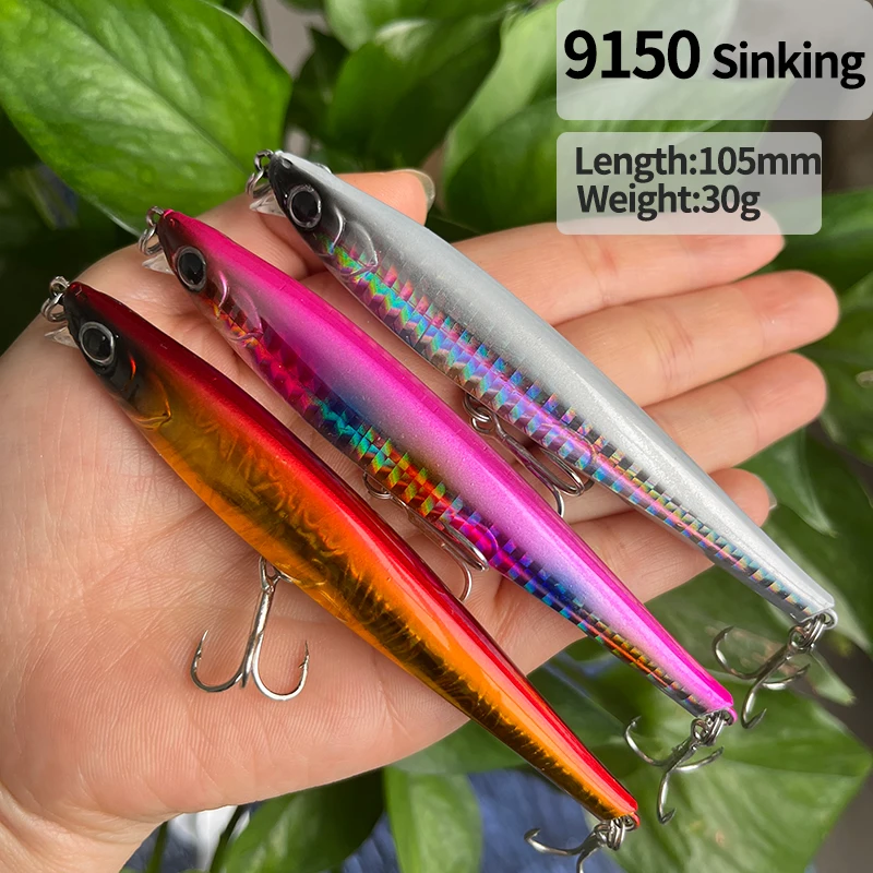 Señuelos de pesca de pececillo de hundimiento pesado, 30g, 105mm, cebo Artificial de agua salada de fundición larga, Wobbler, lubina, trucha, equipo de Swimbait