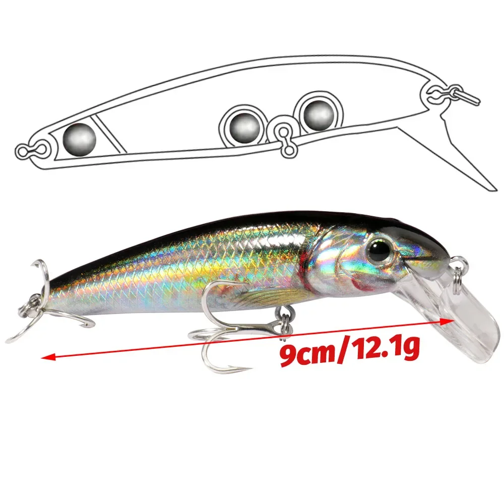 Minnow flotante 12,1g 9cm señuelo de Pesca bola de acero balastro de cobre equilibrio Swimbait Pesca Popper gancho Wobbler manivela cebo de silicona - imagen 2