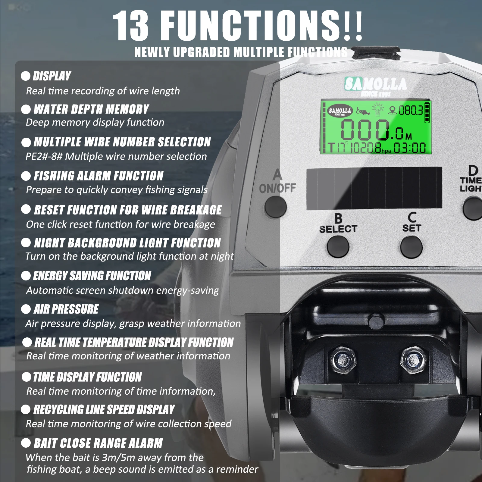 SAMOLLA nuevo carrete de pesca electrónico grande Solar + carga USB pantalla grande temperatura/presión de aire carrete de Baitcasting - imagen 3
