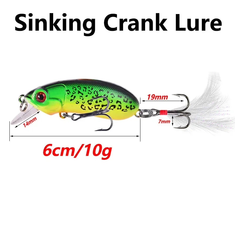 Señuelo de pesca de pececillo que se hunde, 6cm, 10g, manivela Wobbler, Crankbaits, cebo Artificial duro, lubina con anzuelo de plumas, aparejos de Lucio, 1 ud. - imagen 4