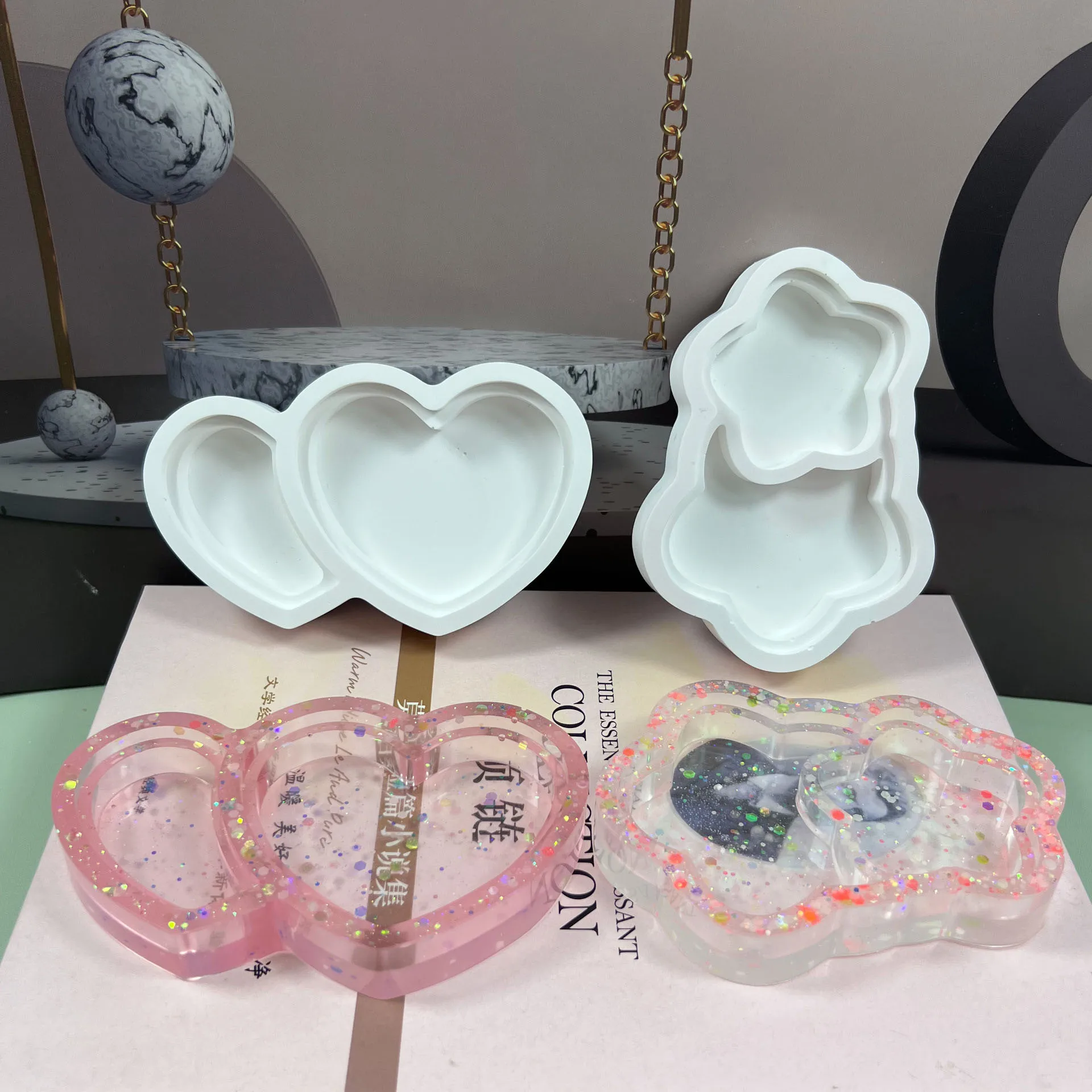 Bandeja con forma de corazón doble, molde de resina, posavasos de nube, moldes de silicona DIY, molde de plato de almacenamiento de resina epoxi con estrella de cinco puntas - imagen 4